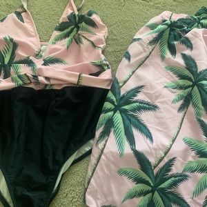 Couples matching swim suits, Palm trees, pink